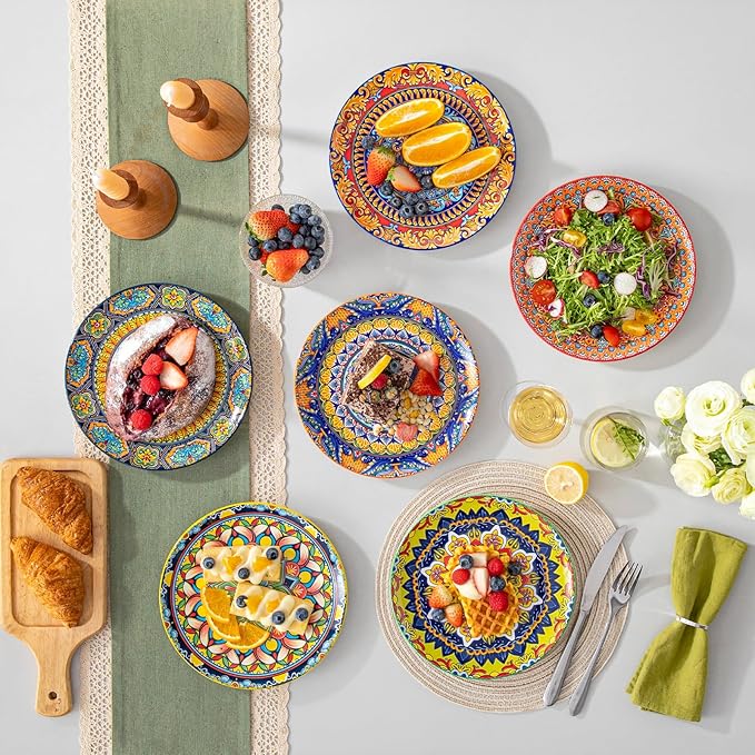 vancasso Bohemian Dessert Plates Set of 6, 8.5 Inch Ceramic Salad Plates, Boho Small Dinner Plates, Colorful Printed Kitchen Plate for Breakfast, Microwave & Dishwasher Safe Dishes, Series KRVI