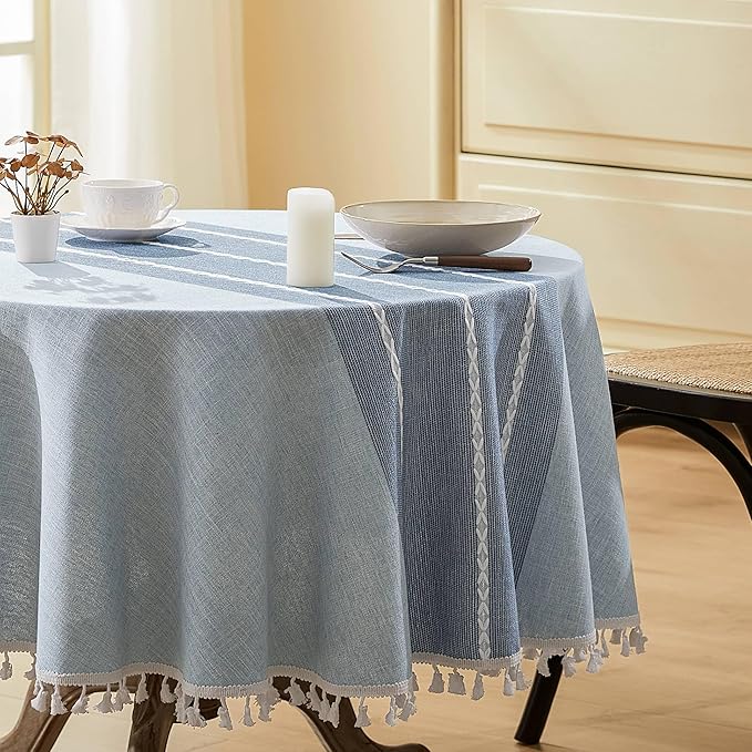 ZeeMart Contrast Linen Round Tablecloth 52 Inch Blue, Farmhouse Style Round Table Cloth Heavy Weight Dusty Blue Tablecloths, Water Resistant Burlap Table Cloths