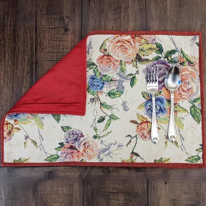 DaDa Bedding Vintage Romantic Roses Floral Dining Table Placemats - Set of 4-Pieces Tapestry Lovely Valentine Blossoms Spring Summer Garden - Decorative Linen Woven Kitchen Mats - 13” x 19” (879)