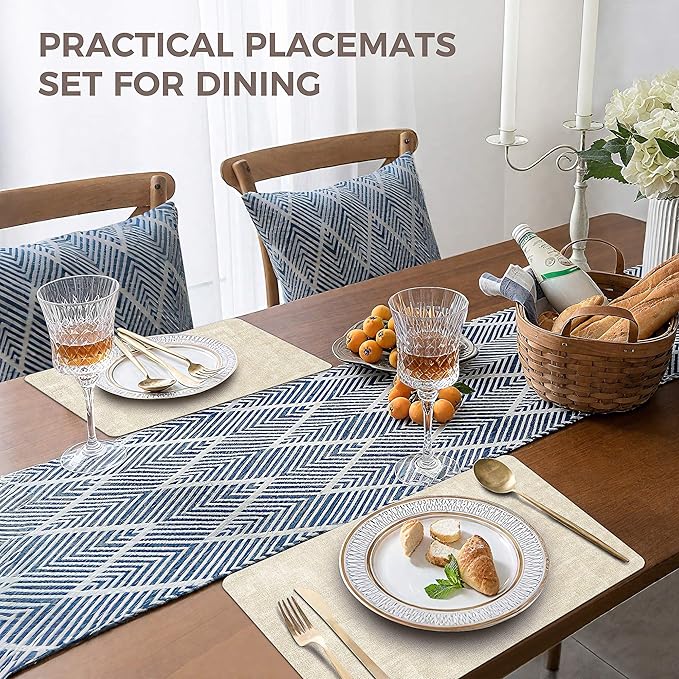Vinyl Placemats Set of 6, Faux Leather Waterproof and Heat Resistant Place Mats, Washable Anti-Slip Table Mats with Coaster, Wipeable Placemats for Indoor & Outdoor 17" x 12" (Beige, Set of 6)