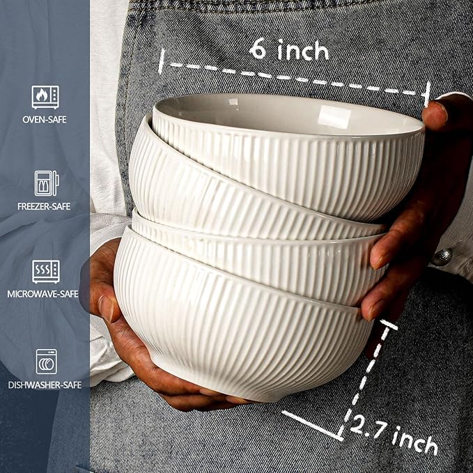 Artena Ceramic Cereal Bowls 26 oz, Embossment Soup Bowls Set of 4, White Salad Bowl for Kitchen, Dinner, Breakfast, Oatmeal, Rice, Pasta, Dishwasher Microwave Safe Bowls (Stripes)