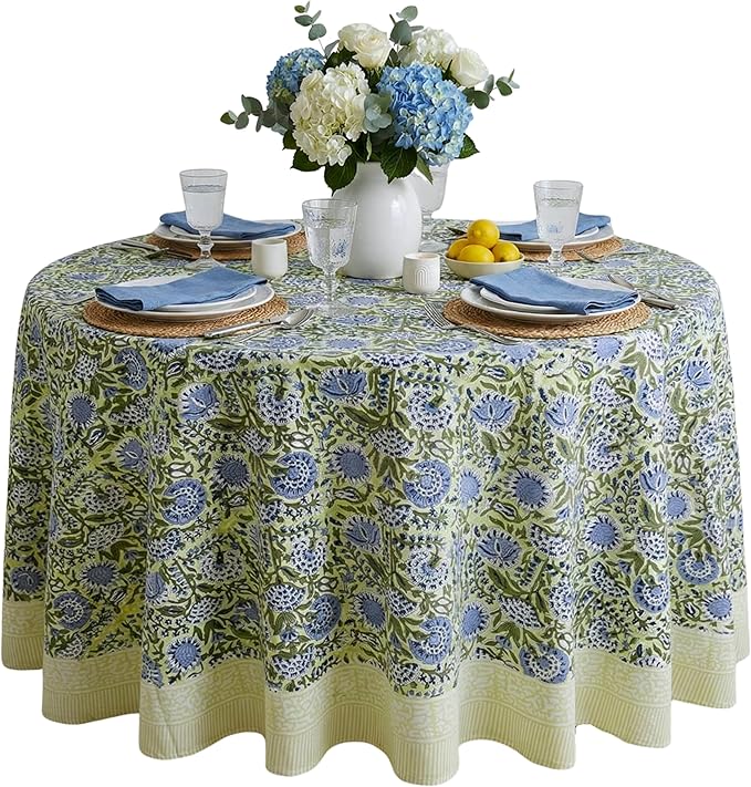 ATOSII Amara 100% Cotton Round Summer Tablecloth, Handblock Print Floral Table Cloth for Kitchen Dining Linen I Parties, Weddings, Outdoors I Grand Millennial Farmhouse Home Decor 90" Inches Round