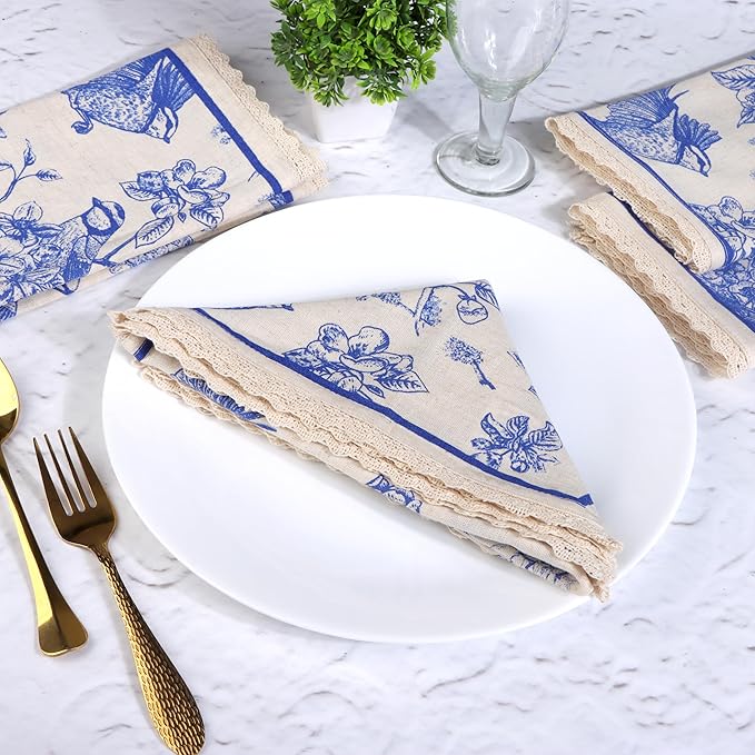 FINGERCRAFT Dinner Cloth Napkins Cotton Blend Set of 12 Blue Bird Premium Quality Mitered Corner with Natural Lace for Home Rastaurant Wedding Christmas Napkins Cloth 20 inch Toile Lace
