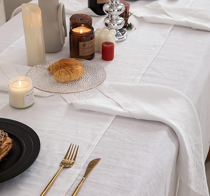 EVERLY Pure Linen Hemstitch Tablecloth,100% Stonewashed French Linen tablecloths for Kitchen Dining Rectangle Tables,60x132Inch Machine Washable Christmas Thanksgiving Organic Tablecloth-White