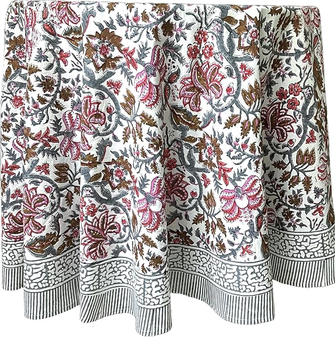 ATOSII Eden Multicolor 100% Cotton Round Tablecloth, Handblock Print Floral Table Cloth for Kitchen Dining Linen I Parties, Weddings, Outdoors, Holidays I Fall Home Decor 72" Inches Round