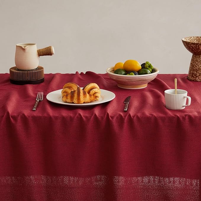 Linen Tablecloth for Rectangle Table, 60x120 Inch Burgundy, Farmhouse Style Red Tablecloth, Water Resistant Burlap Tablecloths for Dining Table Farmhouse Kitchen