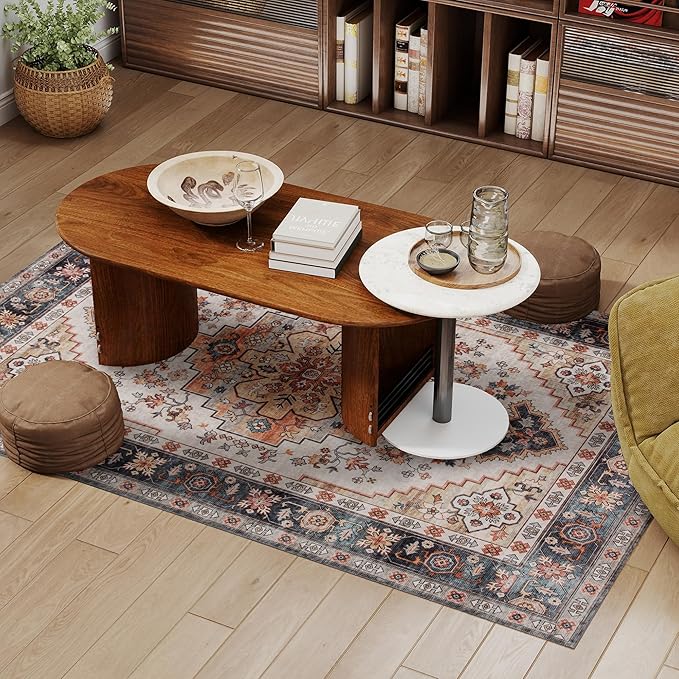 HOMCOM Washable Area Rug, 4'x6' Vintage Indoor Distressed Carpet, Retro Floor Cover Foldable, Floral Print Mat for Living Room, Bedroom, Dining Room, Tawny Brown