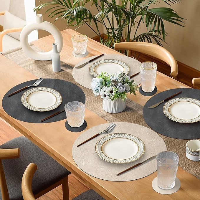Round Placemats and Coasters Set of 4, Washable Reversible Faux Leather Placemats Cowhide Pattern Place Mats Wipeable Non-Slip 15 inch Round Kitchen Dining Table Mats (Gray Beige, 4)