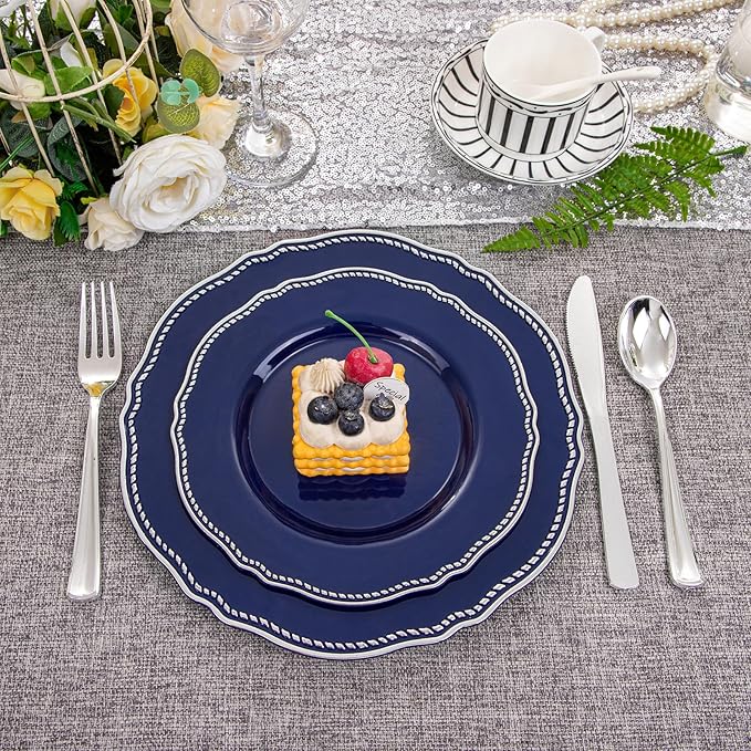 Hioasis 60pcs Blue Plastic Plates - Blue and Silver Disposable Dinnerware with Gold Rim, Heavy-duty, 7.5 inch, Dessert Plates for Party & Christmas