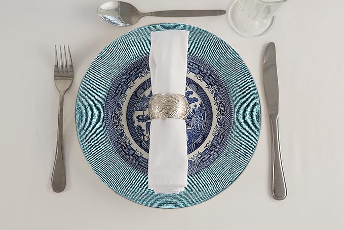 Lightnpro Beaded Placemats Set of 4 - Round Handmade Farmhouse Table Chargers - Decorative Glitz Placemats for Dining Table, Holiday Parties, Wedding, Kitchen & Event Décor - 13 Inch Teal
