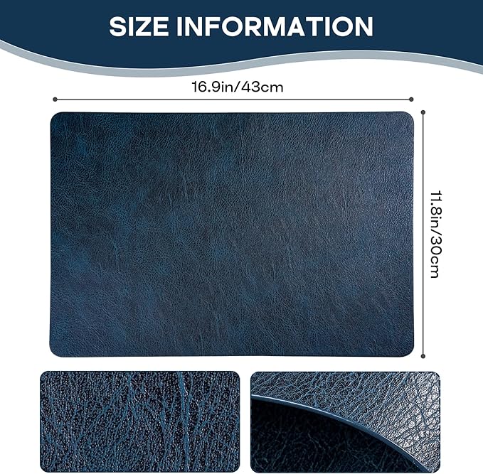 Faux Leather Placemats Set of 6, Washable Place Mats, Wipeable Waterproof Oil-Proof Heat Resistant Table Mats, Vinyl Placemats Rectangular Place Mat for Table Indoor Outdoor (Navy Blue)