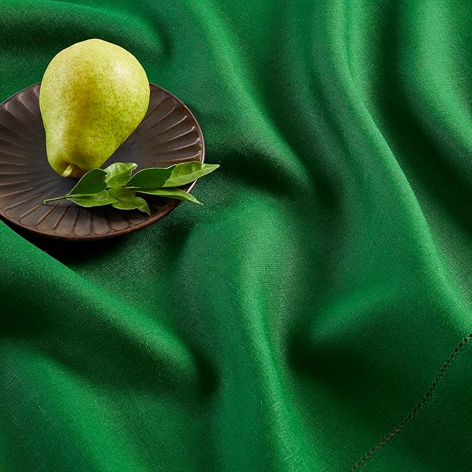 Solino Home Garden Green Linen Tablecloth 60 x 132 Inch - 100% Pure Linen Hemstitch Table Cloth for Rectangle Tables - Classic Hemstitch, Washable Tablecloth for Winter, St Patricks Day, Easter