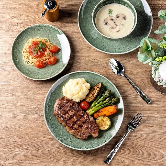 AmorArc Ceramic Dinnerware Sets for 8, 24 Pieces Handpainted Plates and Bowls Set, Scratch Resistant Stoneware Dishes Set, Dishwasher & Microwave Safe, Jade Green