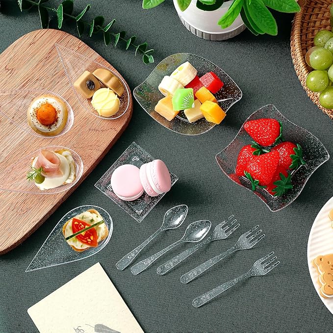 Tessco 800 Pcs Mini Appetizer Plates Set Including 400 Disposable Dessert Plates Assorted Shape 200 Mini Plastic Forks 200 Plastic Spoons for Party(Clear, Silver,Classic)