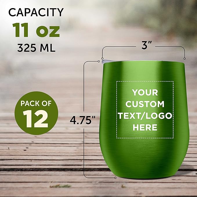 Custom Stemless Wine Glass Tumblers with Lids by Largo 11 oz. Set of 12, Personalized Bulk Pack - Perfect for Wine, Cocktails, Other Hot & Cold Beverages - Lime Green