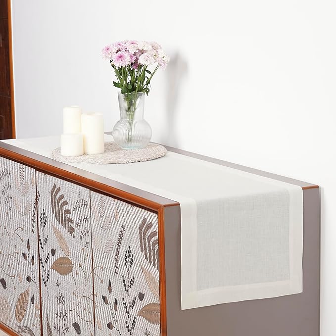 D'Moksha Homes Linen Ivory Table Runner 48 Inches - 100% Pure Linen Small Table Runner 14 x 48 Inch for Coffee Tables, Dresser, Valentines, Spring, Easter - Machine Washable
