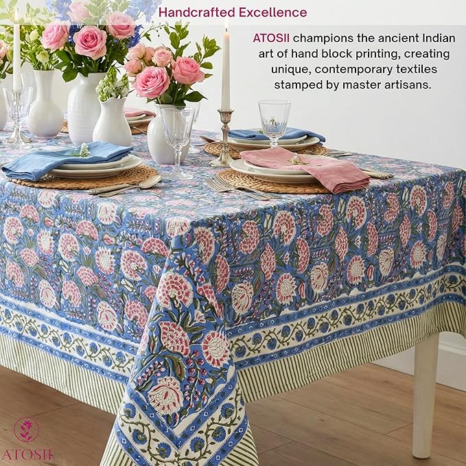 ATOSII Clover Pink 100% Cotton Rectangle Boho Fall Tablecloth, Handblock Floral Table Cloth Linen for Kitchen Dining I Parties Wedding Outdoors Christmas Thanksgiving I 72 X 108 Inches I 8 Seater