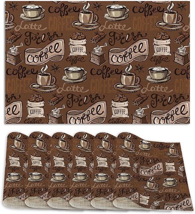 Retro Coffee Cup Placemats Set of 6 Linen Washable, Heat-Resistant 12x18 InchTable Place Mats for Kitchen Dining for Home Party Holidays