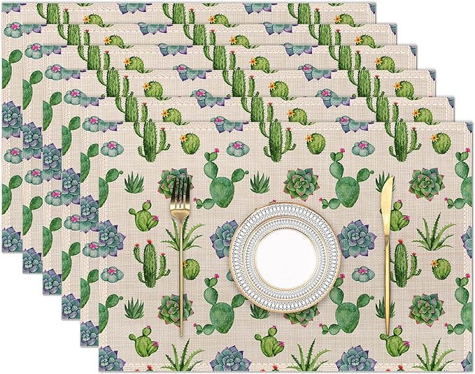 Cactus and Succulent Watercolor Placemats Set of 6 Washable Table Mats for Kitchen Dining Table,Heat-Resistant Place Mats for Indoor Outdoor Party Holiday Decoration