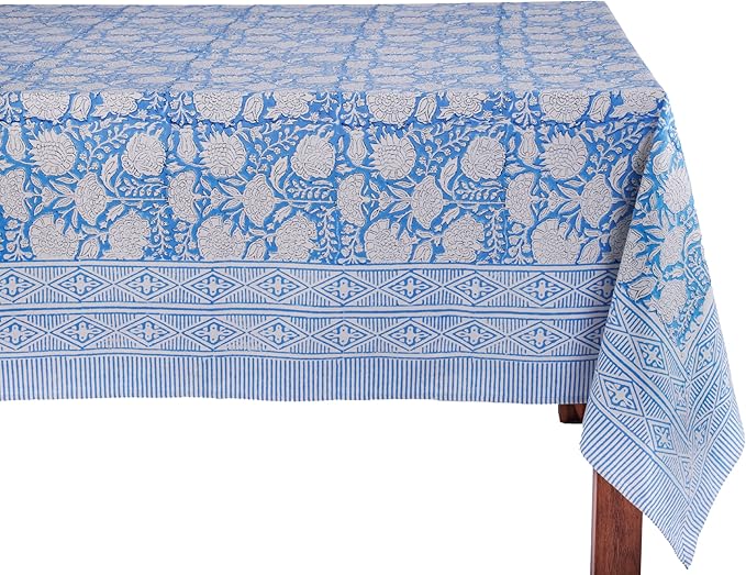 ATOSII Azora Blue 100% Cotton Square Summer Tablecloth, Block Print Floral Table Cloth for Dining, Outdoors, Parties, Weddings I Grand Millenial Decor 60 X 60 Inches I 4 Seater