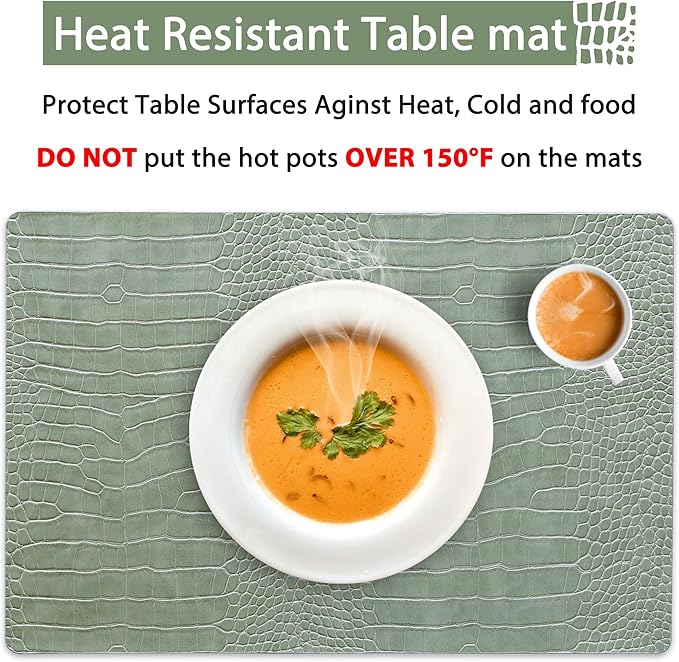 Jovono Faux Leather Placemats Set of 8, Waterproof Heat Resistant Dinner Place Mats for Dining Table, Non-Slip Crocodile Embossed, Green (17.8x11.8 Inch)