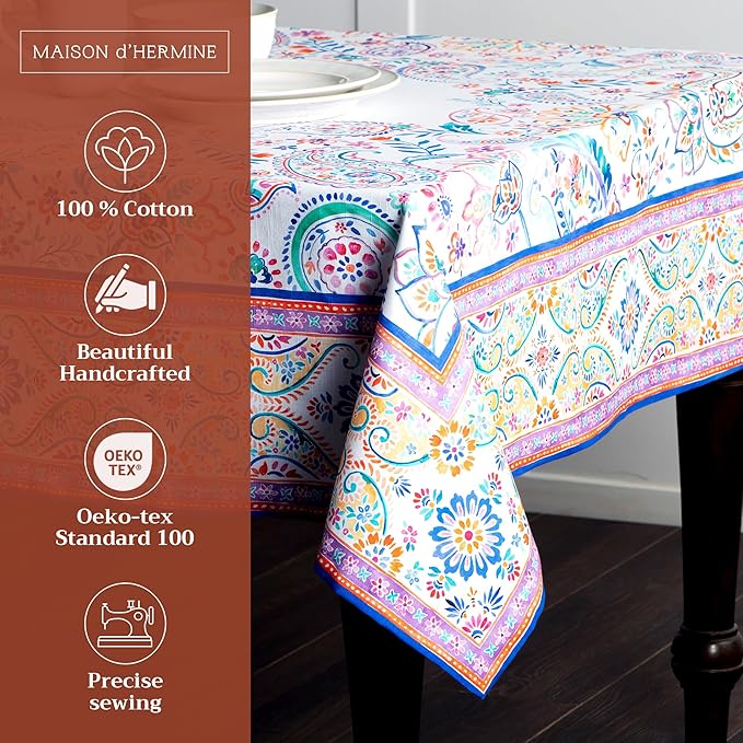 Maison d' Hermine Table Cloth Rectangle Table 100% Cotton 70 x 90 Inches Tablecloth Reusable Decorative for Dining Room Farmhouse Home Valentines Day Decorations Spring Summer - Indian Floral