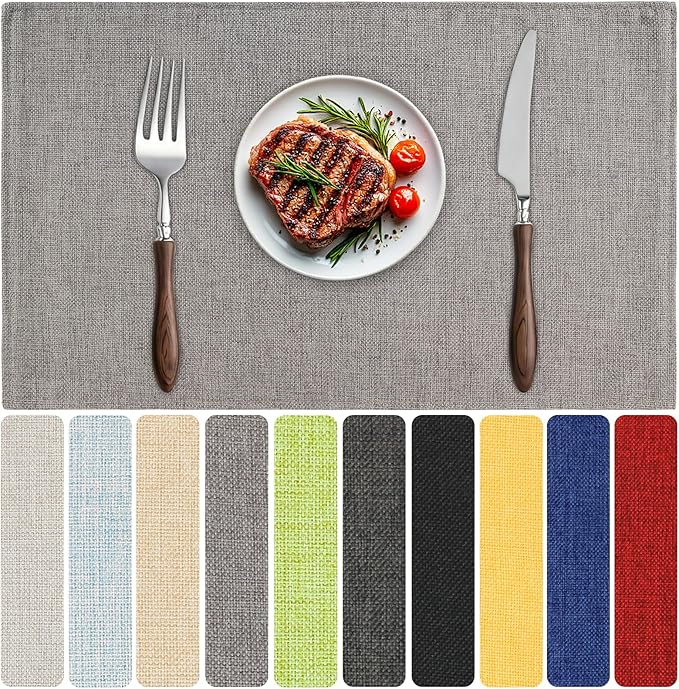 Blue Forest Placemats Set of 4, Dual-Layered Thickened Faux Linen Table Mats Heat Resistant Machine Washable Wrinkle Free Place Mats for Kitchen Dining Outdoor/Indoor (Light Grey)
