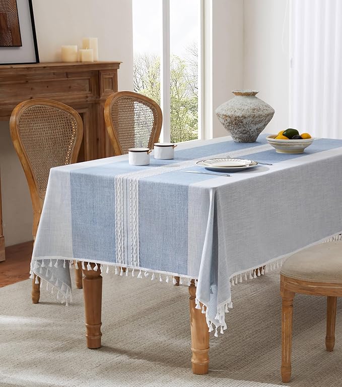 ZeeMart Contrast Linen Table Cloth Rectangle Table Cloths 60x84 Inch Mid-Stripe Blue, Farmhouse Style Heavy Weight Dusty Blue Tablecloth, Water Resistant Burlap Tablecloths