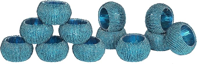 Teal Napkin Ring, Napkin Rings Set of 12, Beaded Napkin Holders, Fall Napkin Rings Bulk for Christmas Party Decoration, Dinning Table, Everyday, Family Gatherings - Set Your Table with Style - Teal