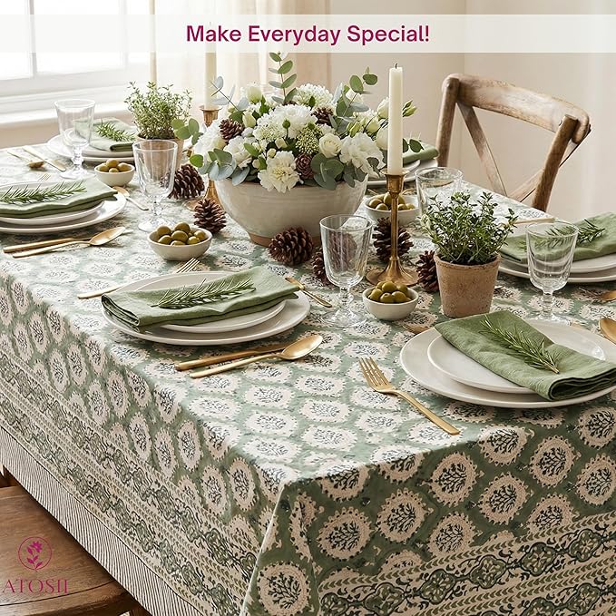 ATOSII Kari Green 100% Cotton Rectangle Boho Summer Tablecloth, Block Print Floral Table Cloth Linen for Dining, Parties, Wedding, Outdoors Home Decor 60 X 108 Inches I 8 Seater I