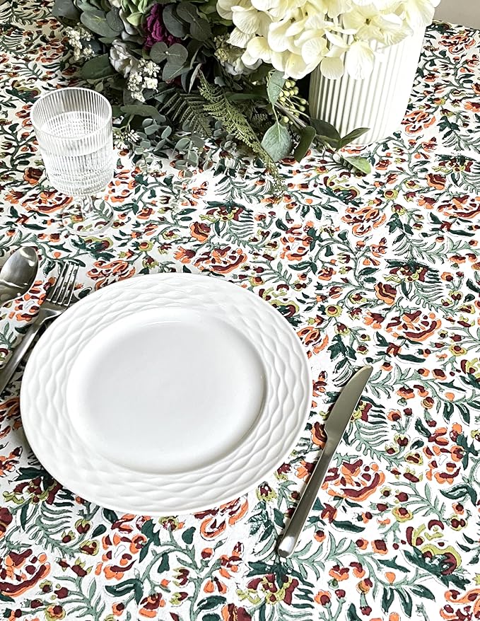 ATOSII Ambrosia Green 100% Cotton Round Tablecloth, Handblock Print Floral Table Cloth for Kitchen Dining Linen I Weddings, Outdoors, Thanksgiving, Christmas I Fall Home Decor I 72" Inches Round