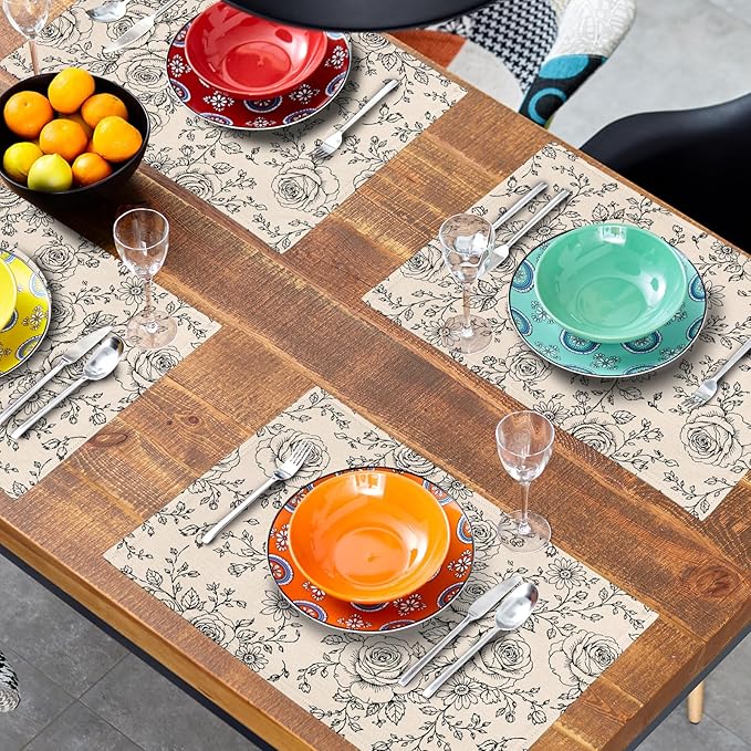 Rustic Floral Placemats - Country Place Mats Set of 4 Farmhouse Rose Flowers Tablemats 12x18 for Party Kitchen Dining