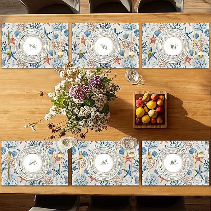 Placemats12x18 Inch,Beach Seashell Placemats,Coral Starfish Kitchen Dining Coffee Table Mats Set of 6 for Home Indoor Outdoor Party