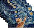 Cute Cat Cloth Placemats,Blue Starry Sky Heat-Resistant Table Placemats Set of 6, Washable Linen Place Mats for Dining Room Table Decor Home Restaurant Cafes Holiday Party 11.8x17.7 Inch