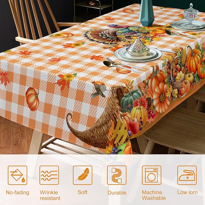 Thanksgiving Tablecloth Round 70 Inch, Turkey Pumpkins Table Cloth Holiday Indoor Decor for Dining Room Party