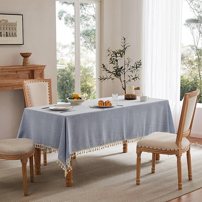 Linen Tablecloth with Tassels, Farmhouse Style Blue Tablecloth, Water Resistant Burlap Tablecloths for Square Table, 60x60 Inch Blue