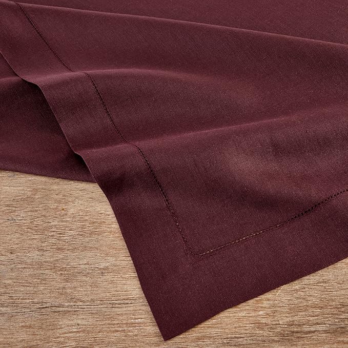 Solino Home Linen Burgundy Tablecloth 60 x 108 Inch - Classic Hemstitch, 100% Pure Linen Rectangular Tablecloth - Machine Washable Table Cloth for Valentines, Winter
