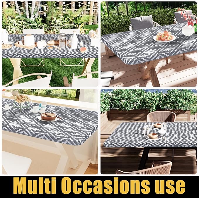 Smiry Rectangle Table Cloth Cover, Waterproof Elastic Fitted Picnic Tablecloth for 6 Foot Tables, Wipeable Flannel Backed Vinyl Tablecloths for Camping, Dining, Outdoor (Grey, 30" x 72")