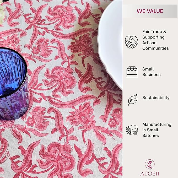 ATOSII Red Bloom 100% Cotton Rectangle Tablecloth, Block Print Floral Linen Table Cloth for Dining Parties Outdoors Weddings Holidays I 72 X 108 Inches, 8 Seater, Summer Farmhouse Grandmillennial