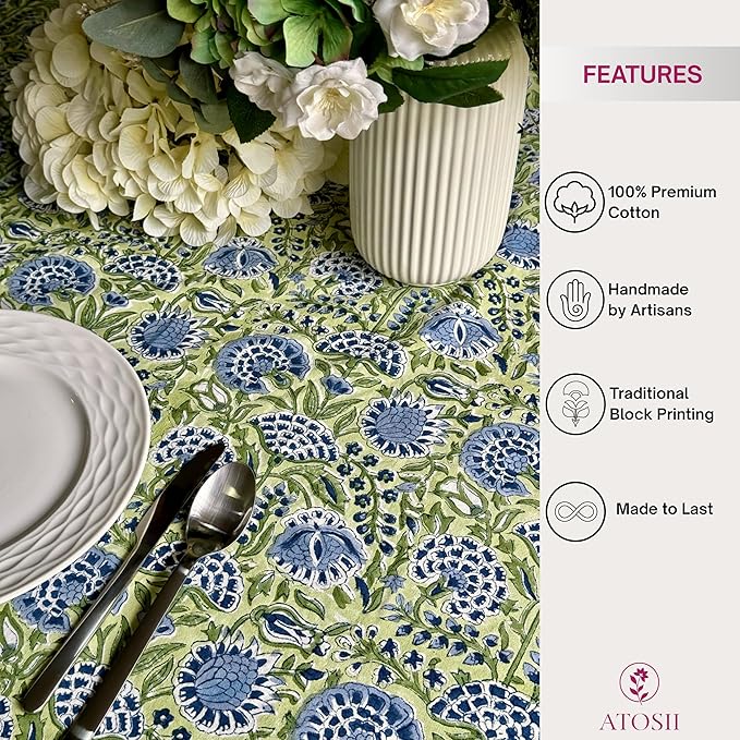 ATOSII Amara 100% Cotton Round Summer Tablecloth, Handblock Print Floral Table Cloth for Kitchen Dining Linen I Parties, Weddings, Outdoors I Grand Millennial Farmhouse Home Decor 90" Inches Round