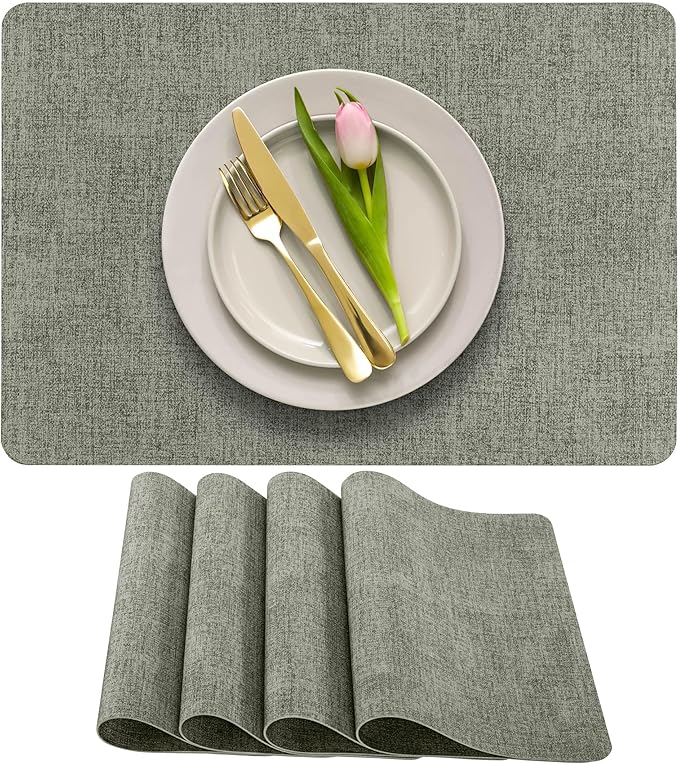 More Décor Faux Leather Placemats Set of 4 for Dining Table – Waterproof, Wipeable, Washable, Stain & Heat Resistant, Non-Slip Table Mats – 12 X 17 Inch, Light Grey