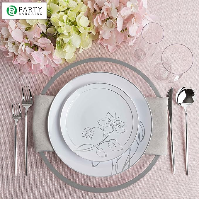 PARTY BARGAINS 13-Inch Charger Plates - 8 Pack, Clear Silver Rim, Heavy-Duty Disposable Chargers for Elegant Dining - Ideal for Weddings and Formal Events