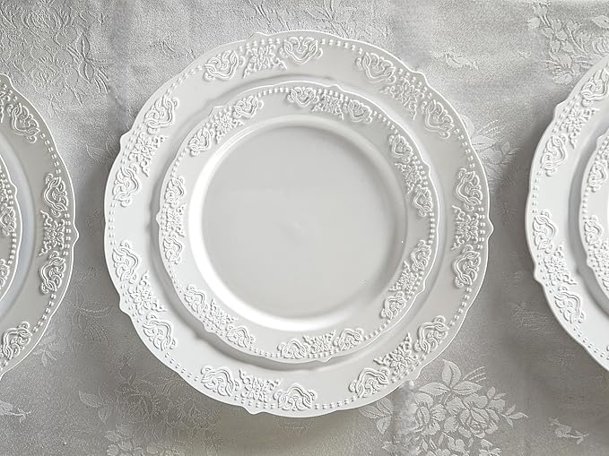 " OCCASIONS " 240 Plates Pack,(120 Guests) Vintage Wedding Party Disposable Plastic Plates Set-120x10.25'' Dinner +120x7.5'' Salad/Dessert Plate (Portofino Plain White)