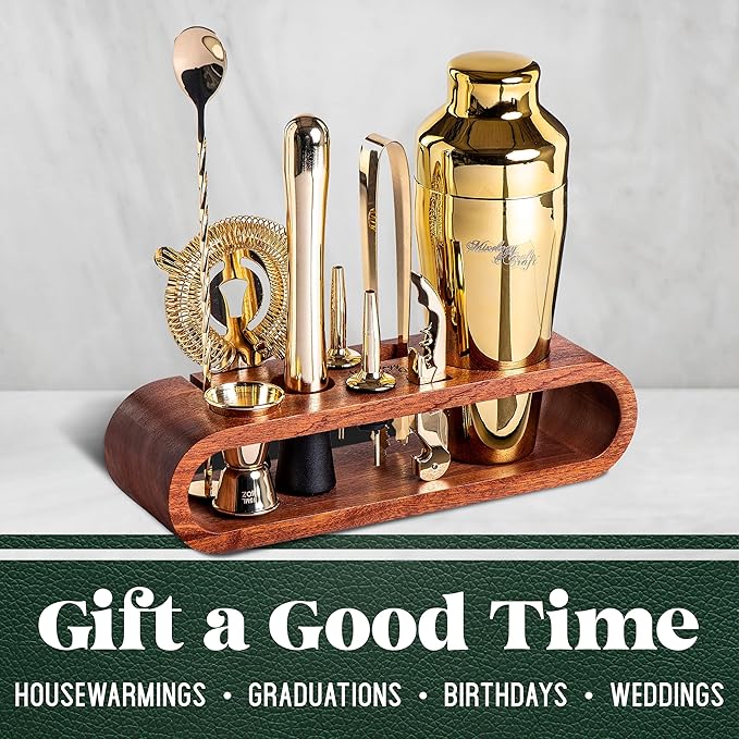 Mixology & Craft Cocktail Shaker Set with Dark Bamboo Stand - Professional 10-Piece Bartender Kit - Complete Bar Set & Cocktail Mixer Kit for Home (Gold)