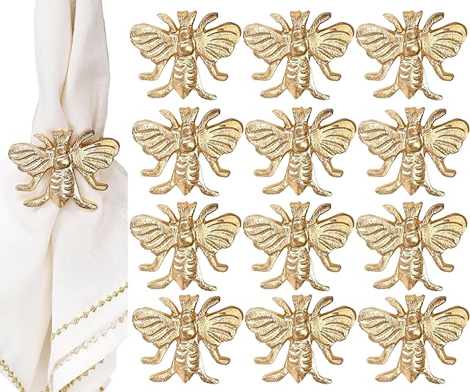 CLEENTABLE Elegant Bee Napkin Rings Set of 12 - Decorative Metal Napkin Rings Holiday Napkin Holders for Table Settings, Special Occasions, Decor & Gift Giving Ideas (Gold)