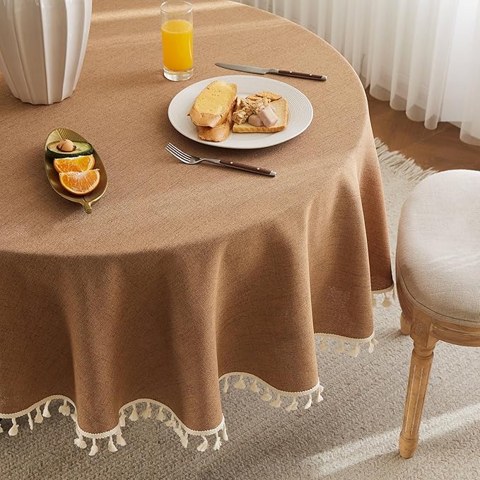Linen Tablecloth with Tassels, Farmhouse Style Brown Tablecloth, Water Resistant Burlap Tablecloths for Round Table, 60 Inch Round Caramel