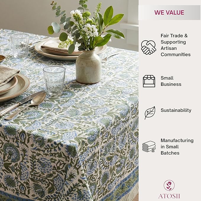 ATOSII Clover Blue 100% Cotton Rectangle Spring Tablecloth, Handblock Floral Linen Table Cloth for Dining Table I Parties Outdoors Fall Christmas Thanksgiving Holidays Decor 72 X 140 Inches, 12 Seater