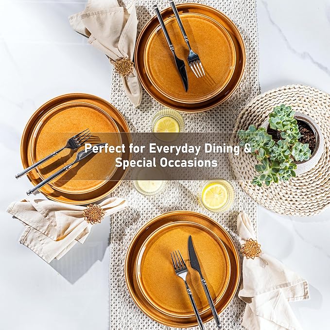 GBHOME Ceramic Dinnerware Sets for 6, 18 Pieces Stoneware Plates and Bowls Sets, Scratch Resistant Dishes, Dishwasher & Microwave Safe, Reactive Glaze-Amber