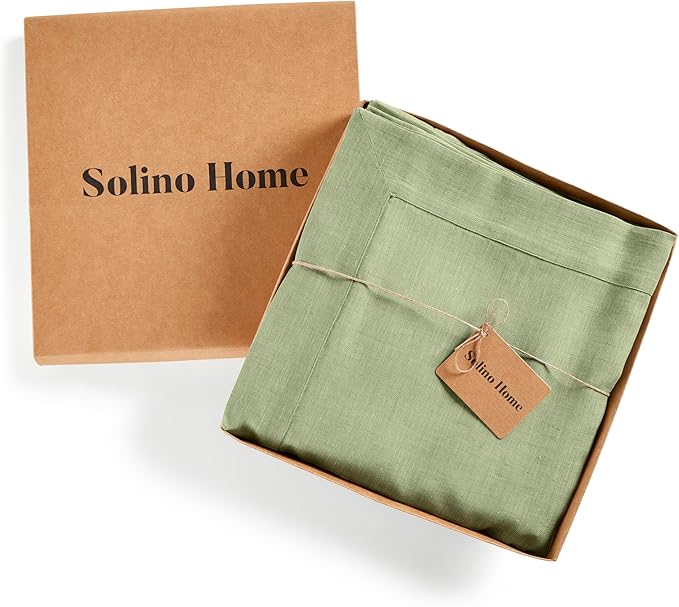 Solino Home Linen Tablecloth 60 x 156 Inch - 100% Pure Linen Chambray Olive Table Cloth for Rectangular Tables - Athena, Machine Washable Cloth Tablecloth for Spring, St Patricks Day