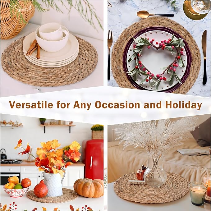 GENMOUS Woven Placemats Set of 10,12" Round Placemats Natural Water Hyacinth Boho Placemats,Farmhouse Rattan Chargers for Dinner Plates,Rustic Braided Wicker Table Mats for Dining Table,Home,Wedding